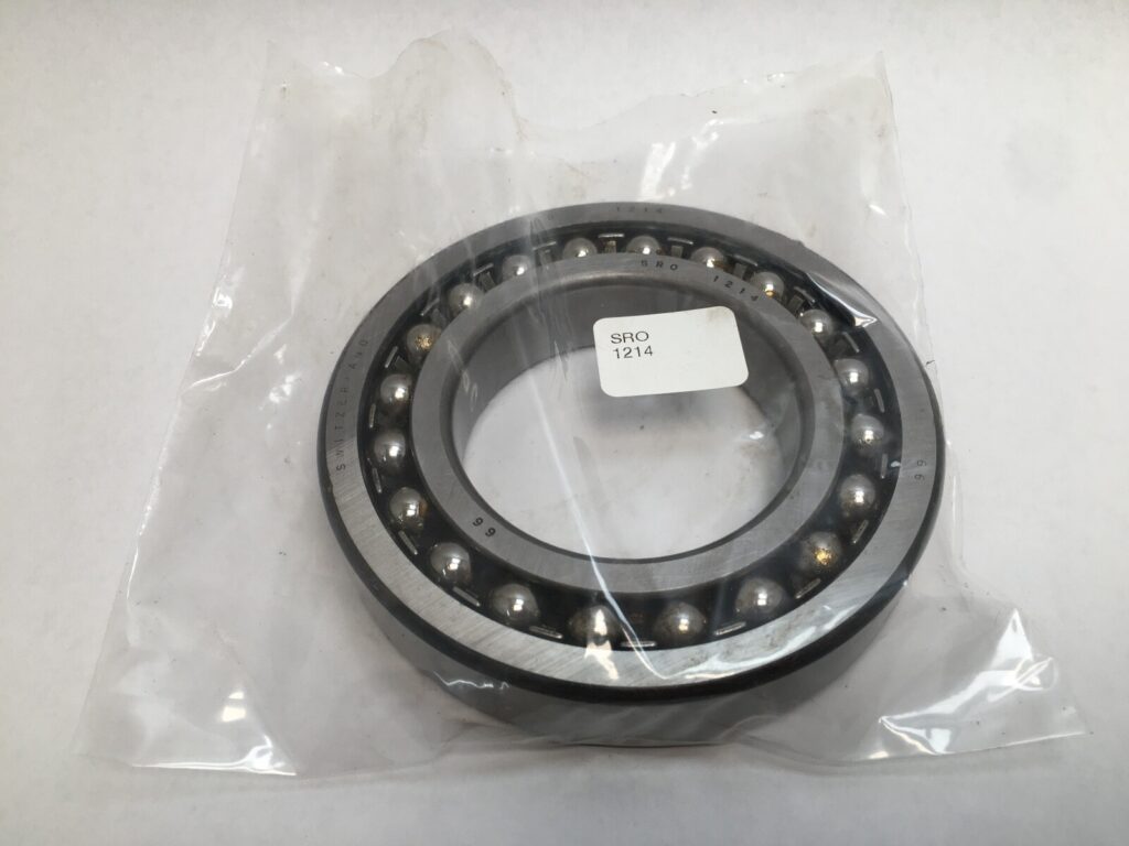 SRO 1214 double row self-aligning ball bearing, 70mm ID x 125mm OD x 24mm Width, with stamped steel cage. Accommodates angular misalignment, 5300 rpm limit, ideal for simple mounting in industrial machines globally.