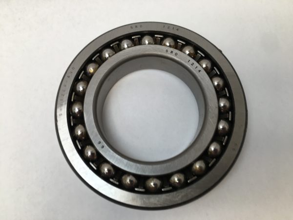 SRO 1214 double row self-aligning ball bearing, 70mm ID x 125mm OD x 24mm Width, with stamped steel cage. Accommodates angular misalignment, 5300 rpm limit, ideal for simple mounting in industrial machines globally.