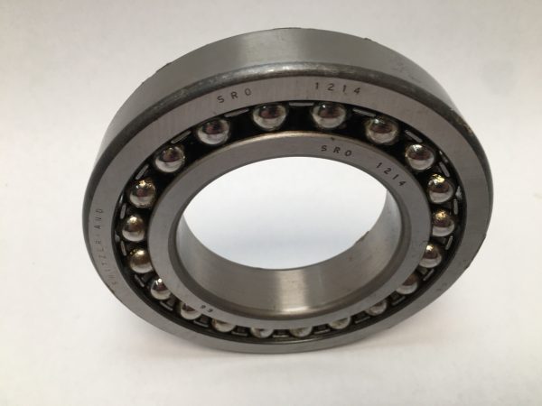 SRO 1214 double row self-aligning ball bearing, 70mm ID x 125mm OD x 24mm Width, with stamped steel cage. Accommodates angular misalignment, 5300 rpm limit, ideal for simple mounting in industrial machines globally.