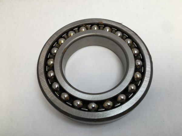 SRO 1214 double row self-aligning ball bearing, 70mm ID x 125mm OD x 24mm Width, with stamped steel cage. Accommodates angular misalignment, 5300 rpm limit, ideal for simple mounting in industrial machines globally.
