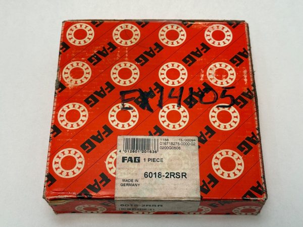 FAG 6018-2RSR Double Rubber Seal Deep Groove Ball Bearing. Large single row bearing with 90mm ID 140mm OD 24mm Width. Sealed and pre-greased for protection against contaminants and moisture.