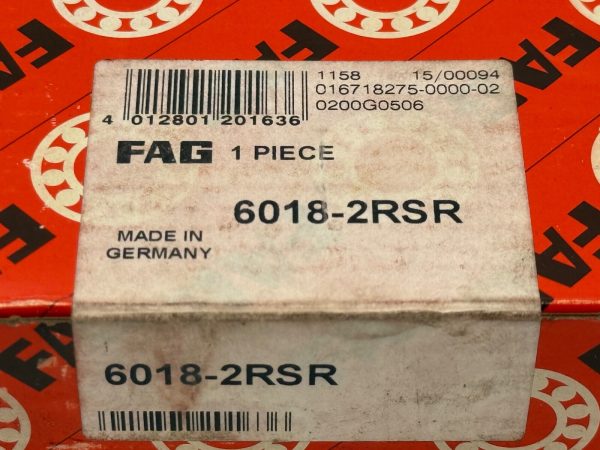 FAG 6018-2RSR Double Rubber Seal Deep Groove Ball Bearing. Large single row bearing with 90mm ID 140mm OD 24mm Width. Sealed and pre-greased for protection against contaminants and moisture.