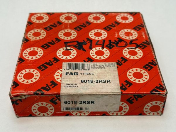 FAG 6018-2RSR Double Rubber Seal Deep Groove Ball Bearing. Large single row bearing with 90mm ID 140mm OD 24mm Width. Sealed and pre-greased for protection against contaminants and moisture.