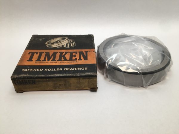 Timken 592 Tapered Roller Bearing Cup. Heavy-duty component with 6 OD and 1-5/16″ Width. Part of a separable set designed for high radial and thrust loads in heavy equipment.