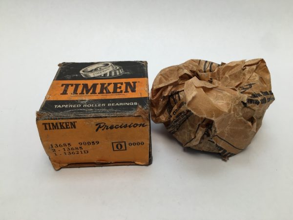Timken 13685-90059 tapered roller bearing set box next to its crumpled paper wrapping