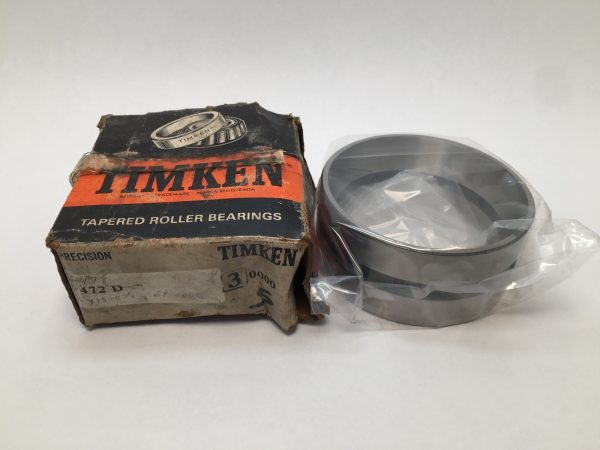 Timken 472D-3 double taper bearing cup in plastic wrap next to its original worn Timken box