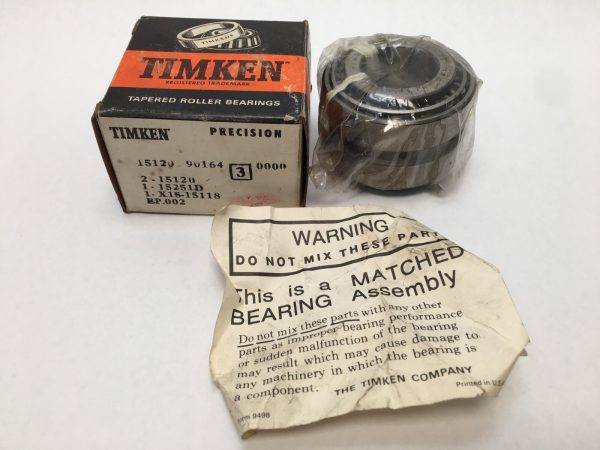 Timken 15120-90164 double cone bearing assembly in shrink wrap with original box and matched bearing warning note