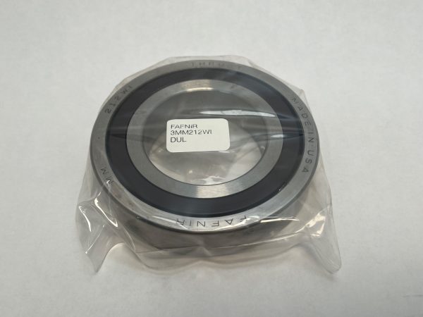 Fafnir angular contact bearing wrapped in plastic, side view with label in packaging