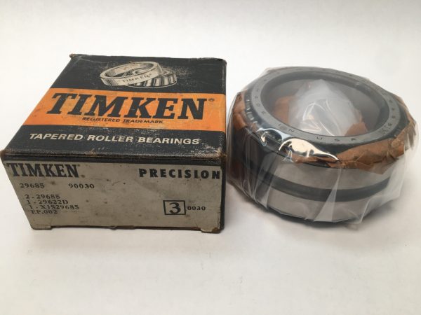 Timken 29685-90030 tapered roller bearing cone and cup, wrapped in plastic, beside its original Timken box