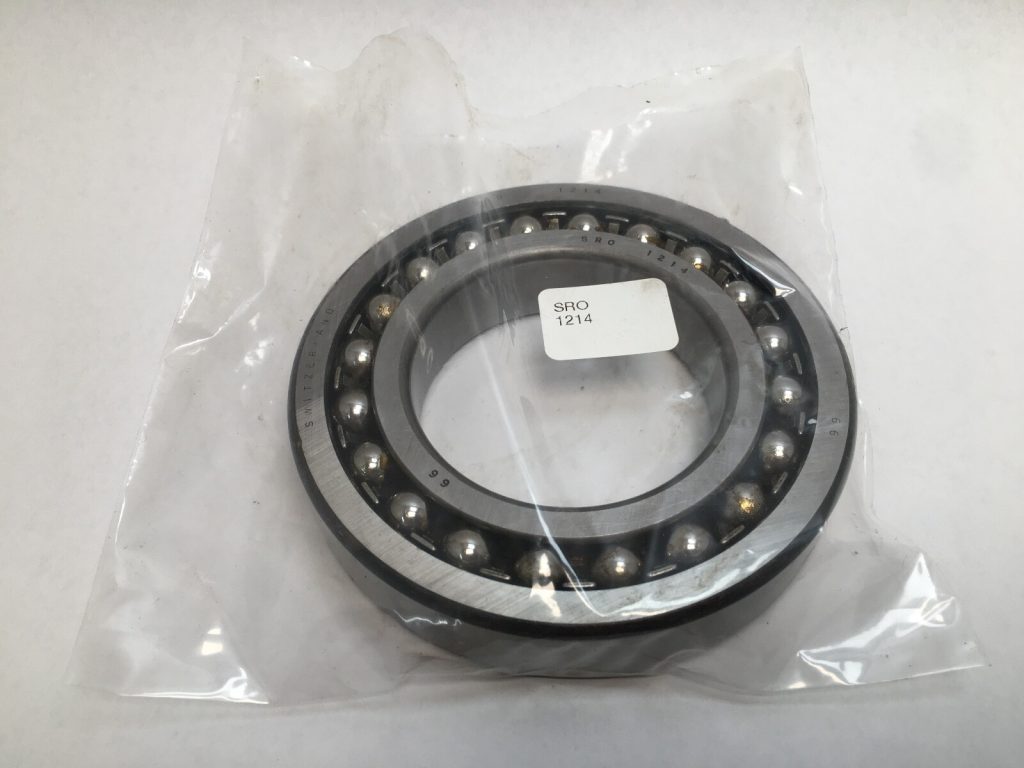 SRO 1214 double row self-aligning ball bearing, 70mm ID x 125mm OD x 24mm Width, with stamped steel cage. Accommodates angular misalignment, 5300 rpm limit, ideal for simple mounting in industrial machines globally.