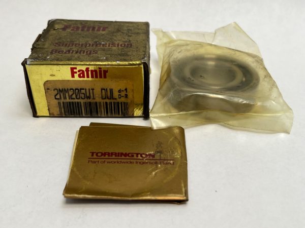 Fafnir 2MM205WI angular contact ball bearing in plastic wrap next to its labeled box