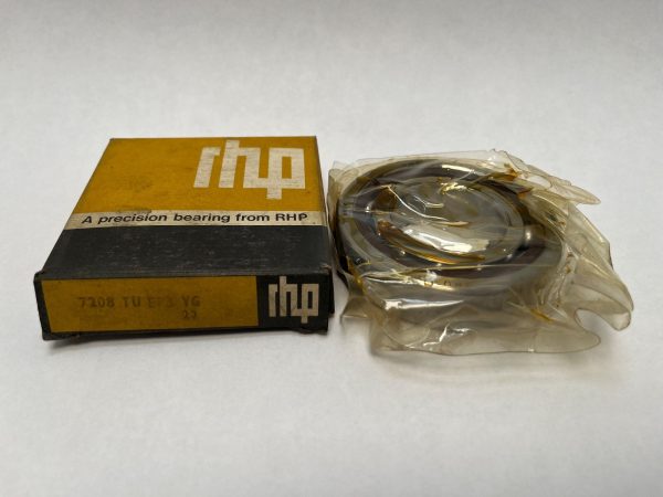 RHP 7208TSULP6 angular contact bearing, wrapped in plastic, next to its yellow RHP box