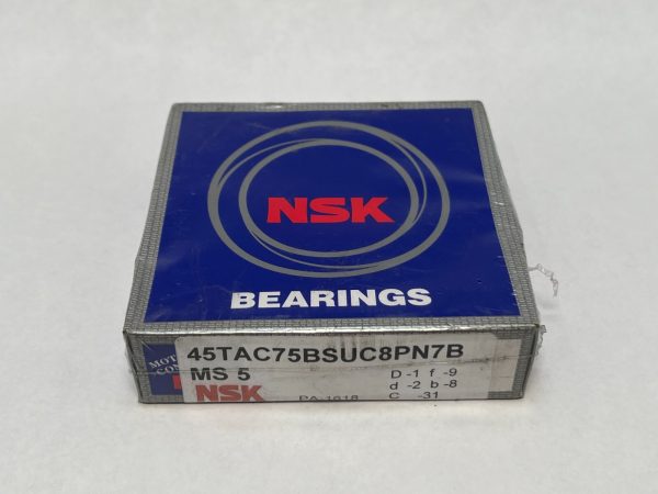 NSK 45TAC75BSUC8PN7B angular contact ball bearing box with blue NSK label