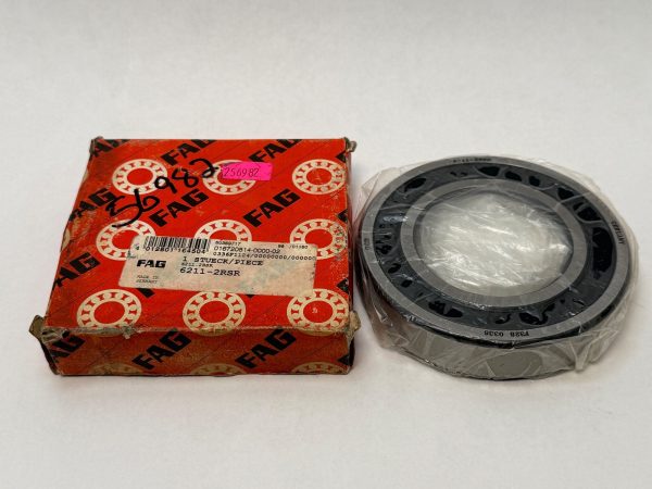 FAG 6211-2RSR bearing in shrink wrap next to its red FAG packaging box