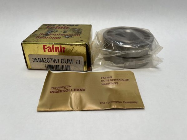 Fafnir gold box labeled 3MM207WI DUM next to wrapped bearing and paperwork
