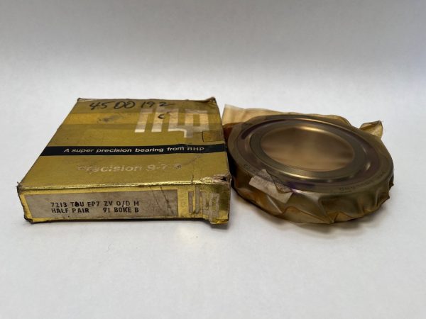 RHP 7213TDULP4 angular contact ball bearing wrapped in packaging next to its original labeled box