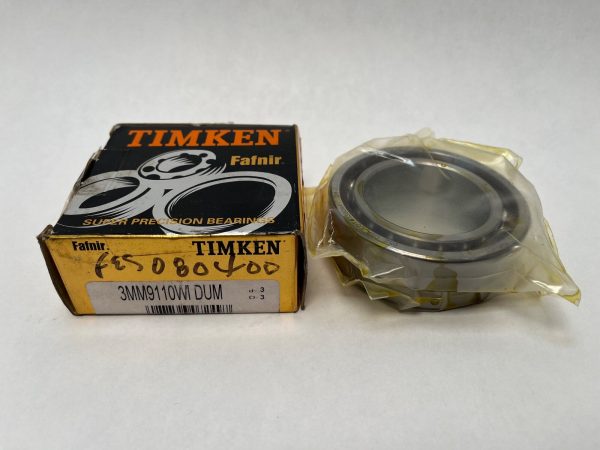 Fafnir Timken 3MM9110WIDUM angular contact ball bearing next to its labeled box