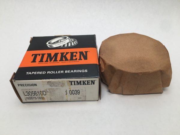 Timken L305610D-3 tapered roller bearing double cup box beside wrapped bearing in paper