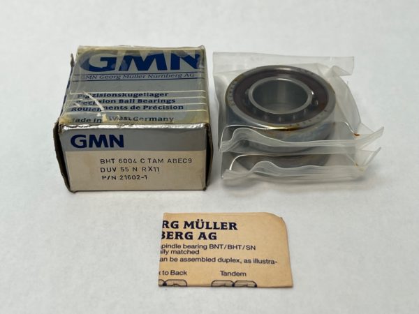 GMN BHT6004CTAMP2DUL angular contact ball bearing in plastic wrap next to its original GMN box