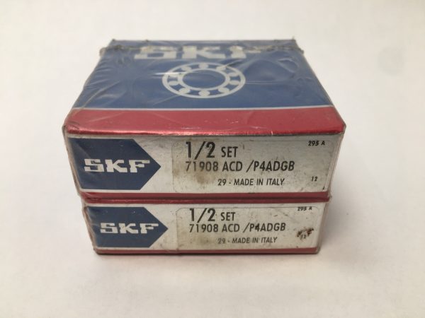 Two stacked SKF boxes labeled 71908 ACD/P4ADGB, 1/2 set, made in Italy