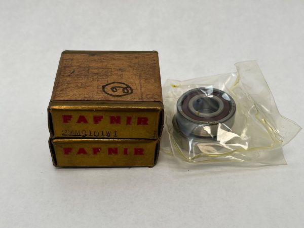 Fafnir 2MM9101WIDU angular contact ball bearing beside its original labeled box, still in plastic wrap