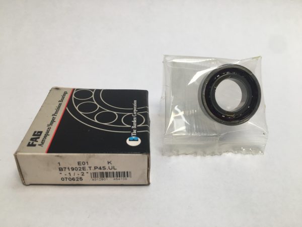 FAG B71902ETP4SUL angular contact ball bearing in plastic wrap next to its labeled box