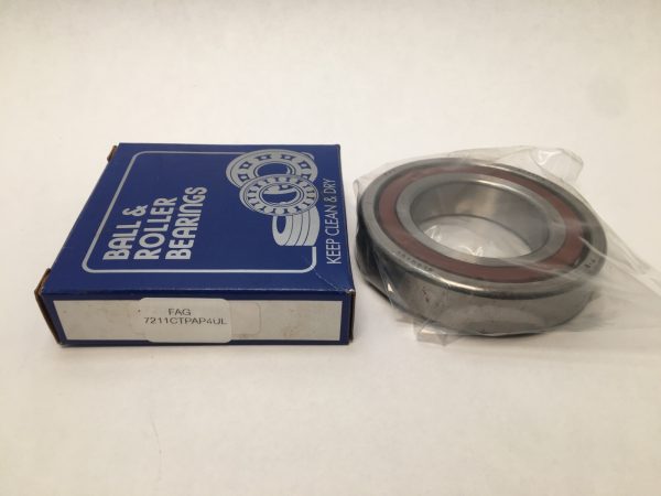 FAG B7211CTPAP4UL angular contact ball bearing in plastic wrap next to its labeled box