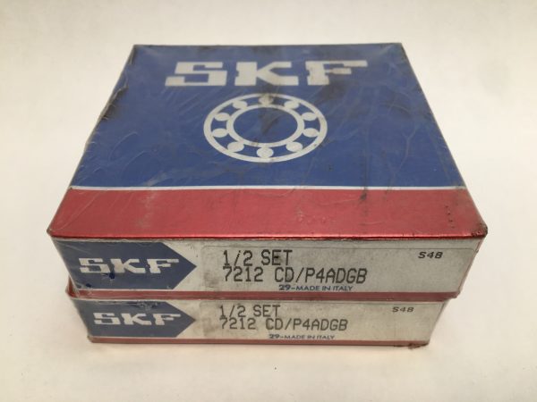 Two stacked SKF boxes labeled 7212 CD/P4ADGB, 1/2 set, made in Italy
