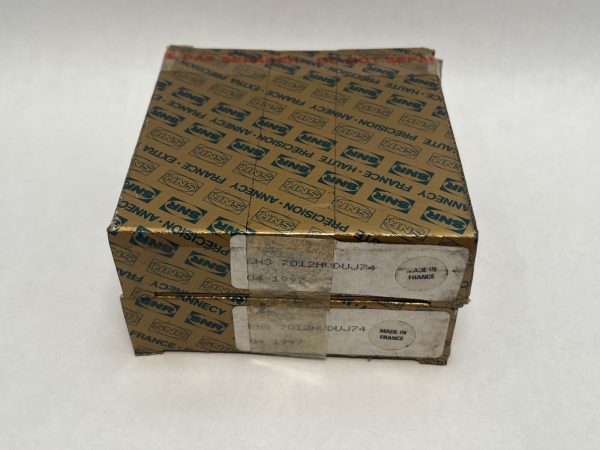 Two stacked SNR 7012HVDUJ74 bearing boxes with labels reading Made in France