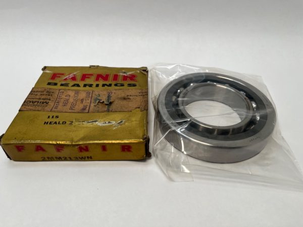 Fafnir 2MM213WN angular contact ball bearing in plastic sleeve next to its original yellow box