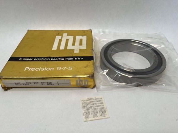 RHP 7017TDULP4 angular contact ball bearing in plastic sleeve beside its yellow RHP packaging box