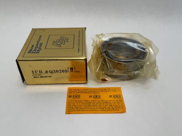 NDH Q30209DTT7A angular contact bearing, wrapped, beside its New Departure Hyatt box and instruction sheet