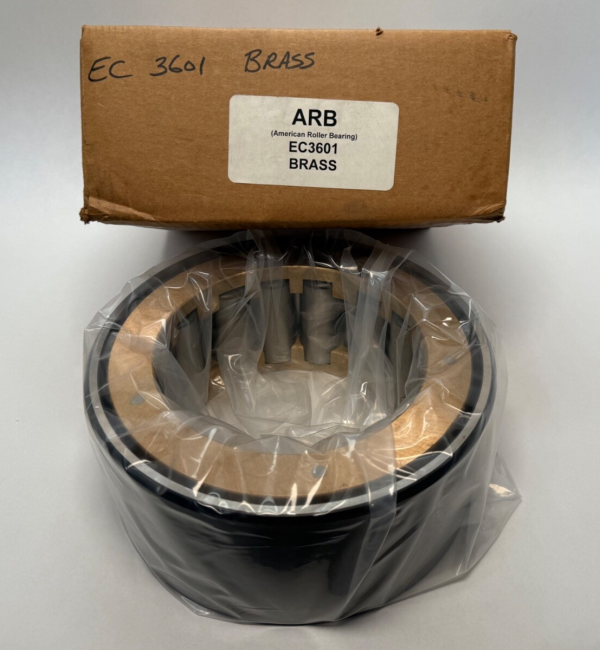 American Roller Bearing EC3601 cylindrical roller bearing in plastic wrap next to its labeled shipping box