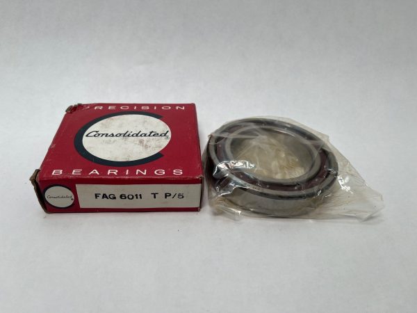 FAG 6011TP5 deep groove ball bearing in plastic wrap next to its Consolidated Bearings box