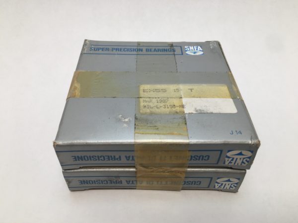 Taped SNFA EX55-15°T angular contact ball bearing boxes labeled Super Precision Bearings