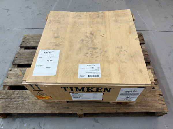 Timken 23060KEMBW507C08C3 spherical roller bearing in wooden crate with shipping labels on a pallet