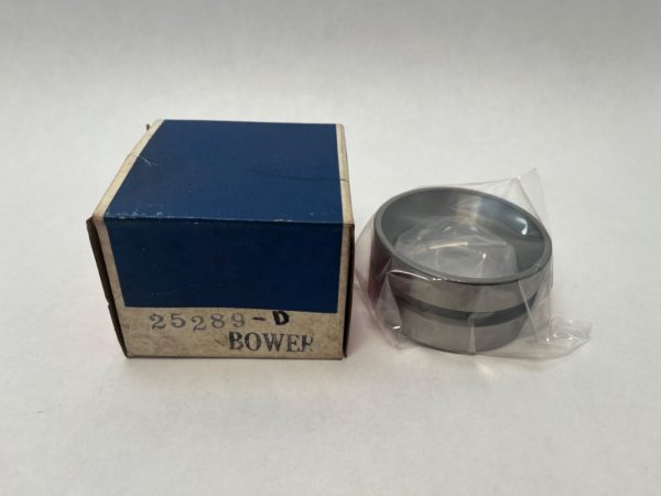 Bower 25289-D double taper roller bearing cup in plastic wrap next to its original blue and white box