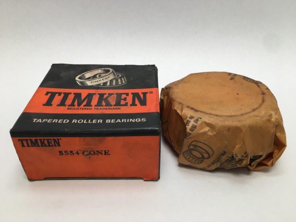 Timken 5554 tapered roller bearing cone next to its original box, wrapped in paper