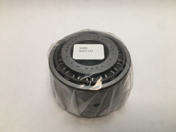 Timken 3480/3424YD tapered roller bearing cone and cup, wrapped in plastic, with label showing part numbers