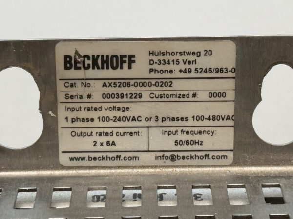 Beckhoff AX5206-0000-0202 Servo Drive 1 Phase 100-240VAC or 3 Phases 100-480VAC