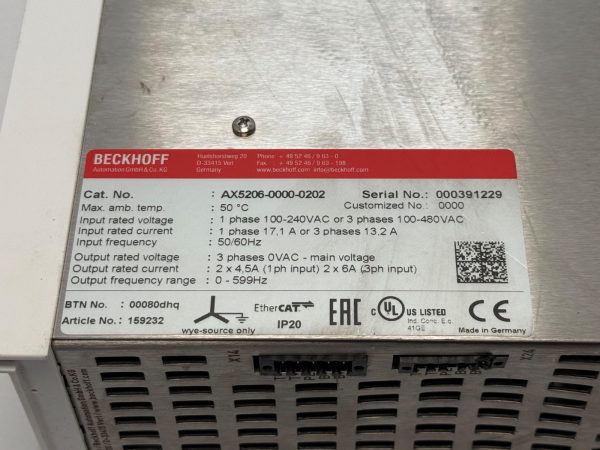 Beckhoff AX5206-0000-0202 Servo Drive 1 Phase 100-240VAC or 3 Phases 100-480VAC