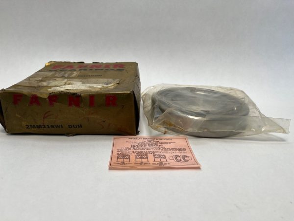 Fafnir 2MM216WI DUH angular contact ball bearing in plastic wrap next to its original box and instruction card