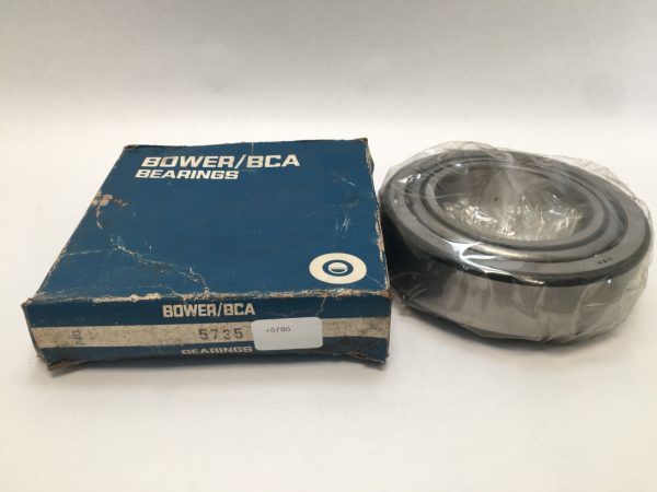 Bower 5795/5735 tapered roller bearing cone and cup, shrink-wrapped, beside its Bower/BCA box