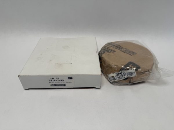 INA 32142RS angular contact ball bearing in its box next to a wrapped, labeled unit