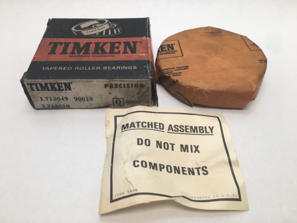 Timken L713049/L713010 taper roller bearing box, wrapped cup, and matched assembly notice
