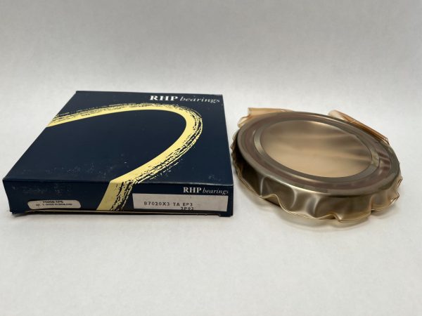 RHP 7020ETP6 angular contact ball bearing next to its RHP bearings branded box