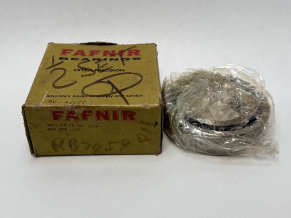 Fafnir MM155EXCRDU angular contact ball bearing, wrapped in plastic, beside its original labeled box