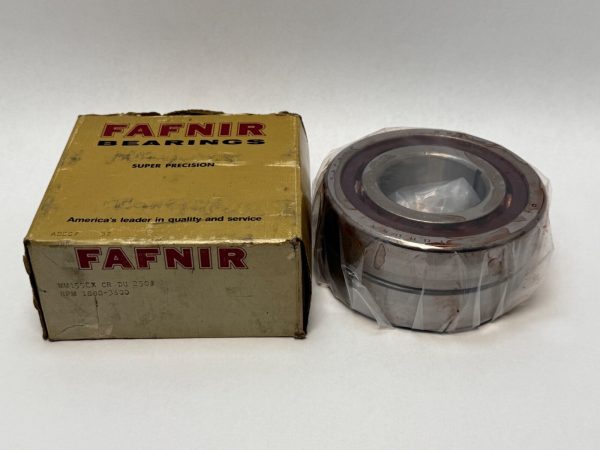 Fafnir MM155EXCRDU angular contact ball bearing, wrapped in plastic, next to its original labeled box