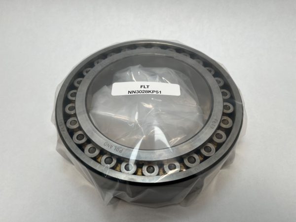FLT NN3028KP5NA cylindrical roller bearing, two-row, shrink-wrapped, showing tapered bore and rollers