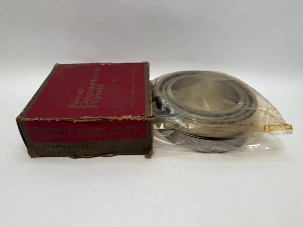 NDH 0L22DTT5A angular contact ball bearing in plastic wrap next to its New Departure Hyatt box